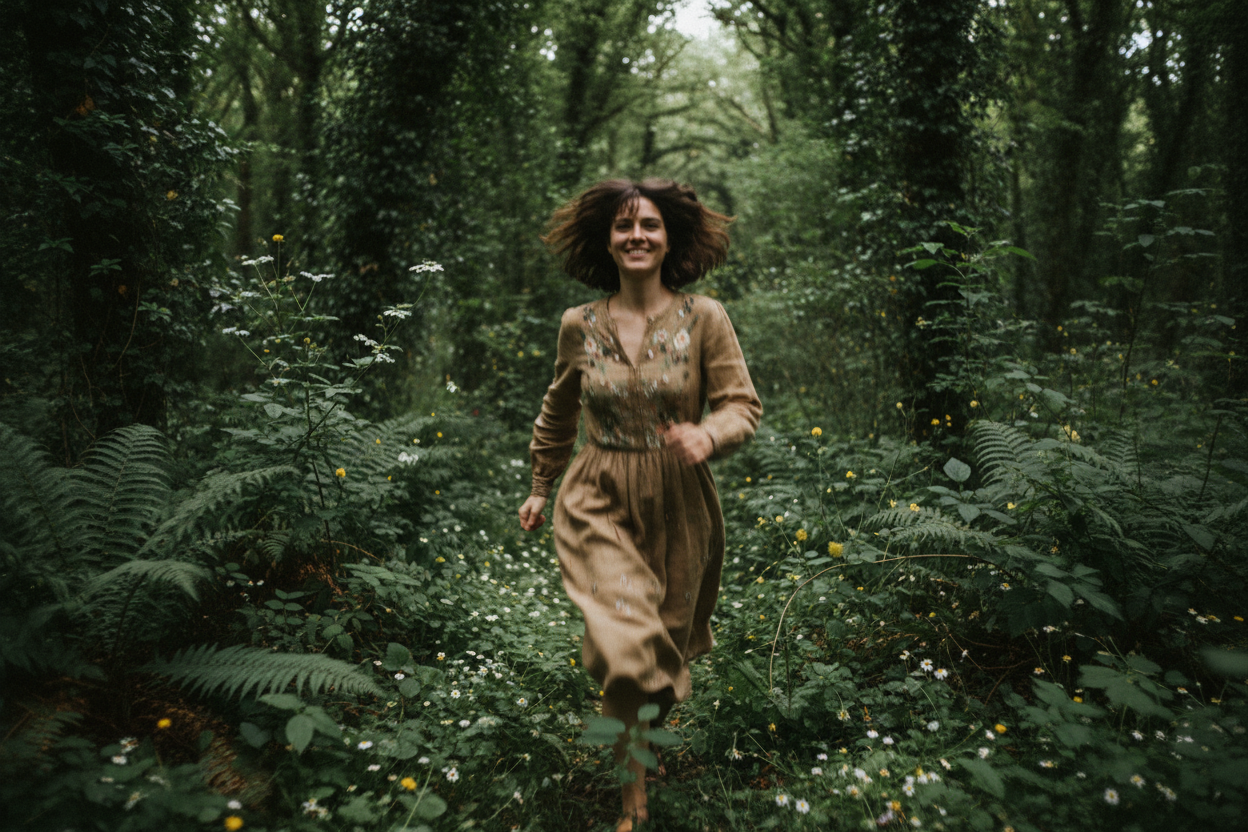 a young woman running through a forest dark green hues, hair is covering her face and a huge smile and a sense of calm can be sensed from her expression, she has short brunette hair, and a long sleeve linen dress with embraided fine florals. the forest has dark lush green foilage of every type and small white and yellow flowers can be seen. the shot is motion blur with the focus being on the smile